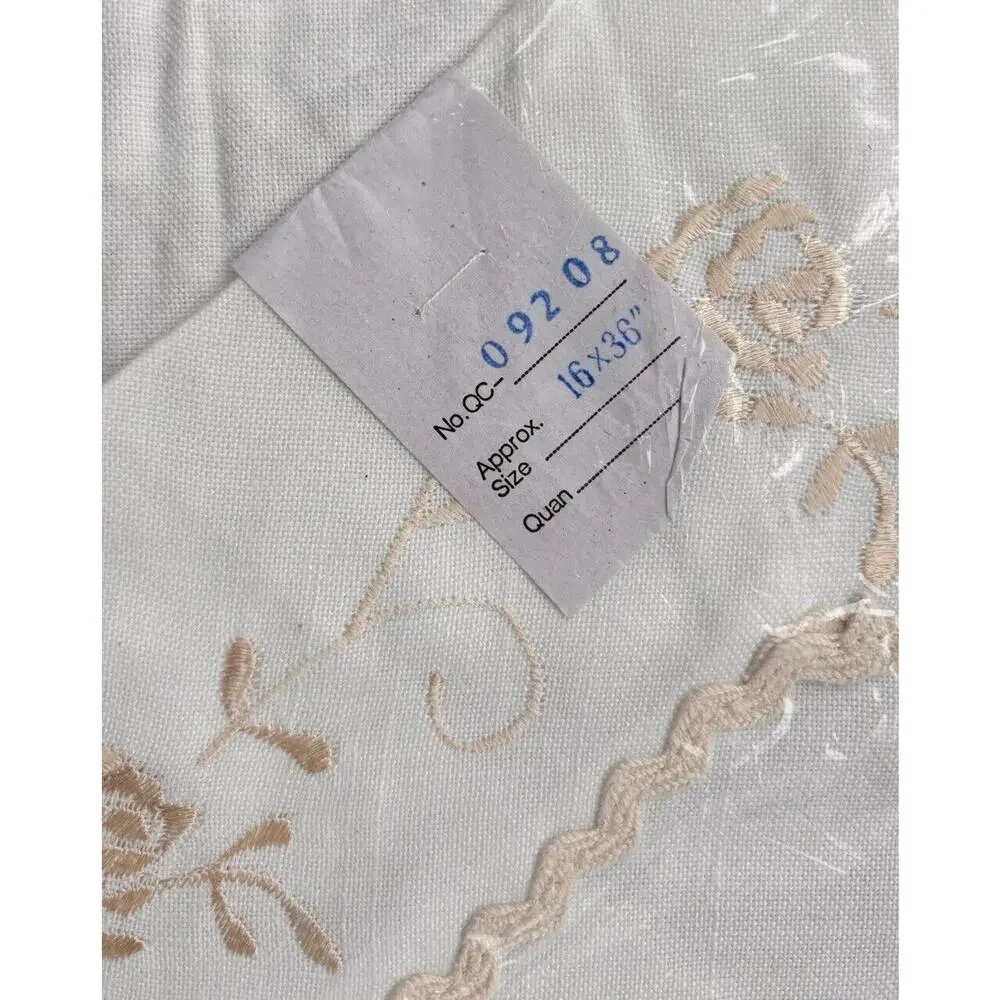 Vintage New White Hand Embroidery  Linen Table Runner Dresser Scarf 16x36 Floral